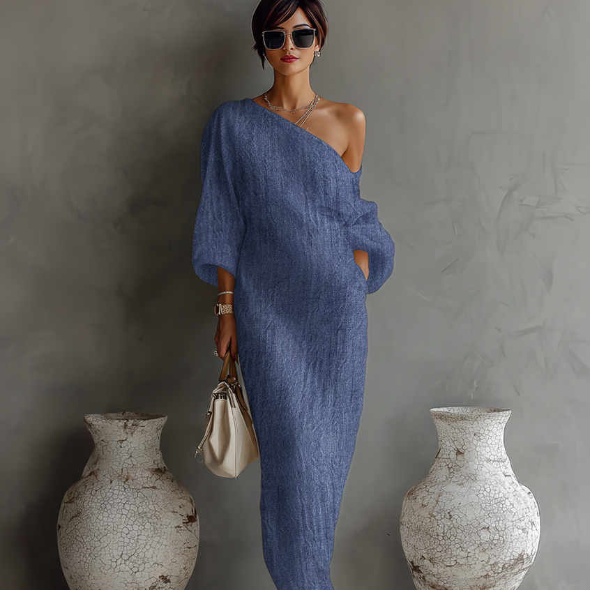 Elegantné off-shoulder šaty z bavlnenej-lenovej zmesi v slonovinovej farbe s voľným strihom