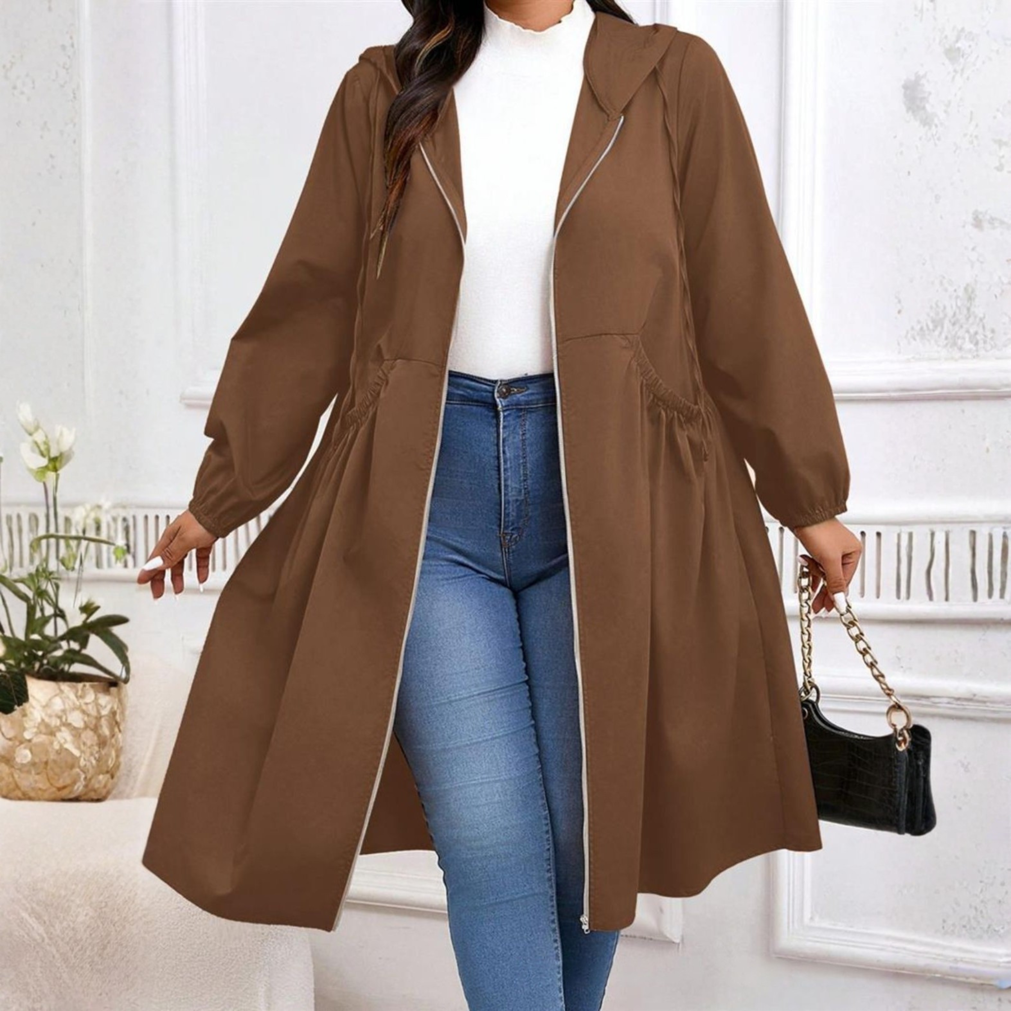 AVRIL™ - Voľný plus size kabát s kapucňou a zipsom s dlhým rukávom