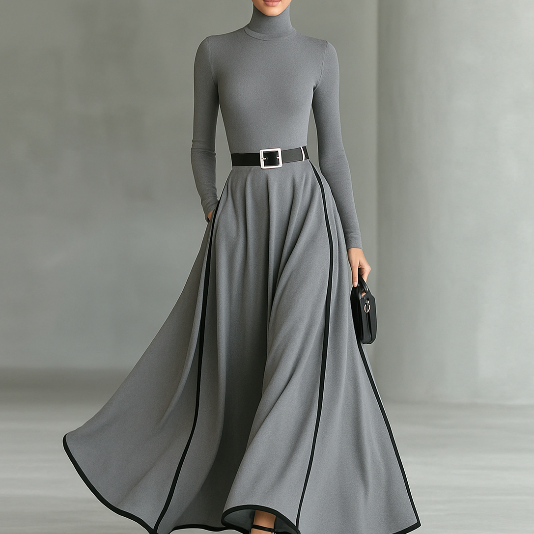 Čierne Maxikleid s Bielymi Švami, Vysokým Golierom, Dlhými Rukávmi a Tvarovaným Strihom