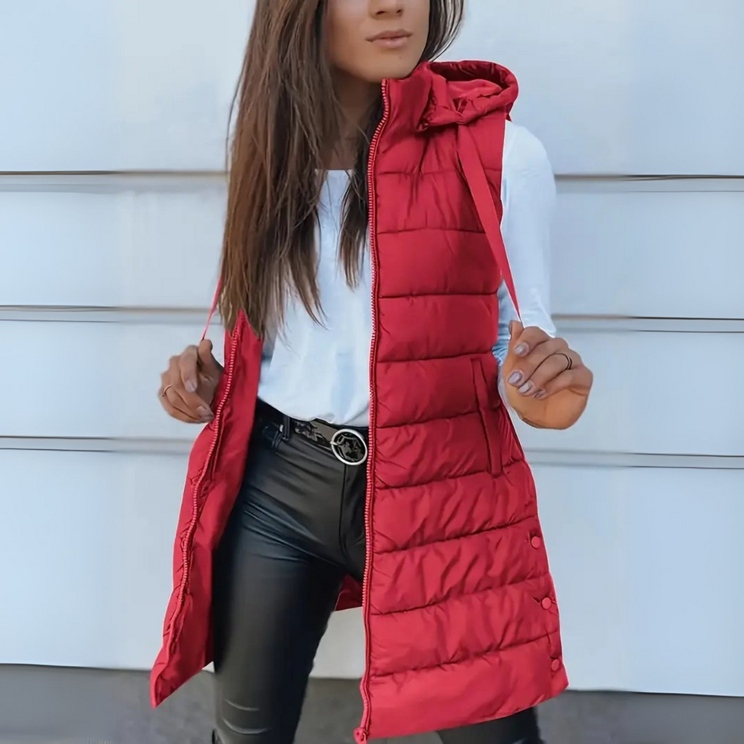 RAIN™ - Štýlová bezrukávová dlhá pufrová vesta s kapucňou
